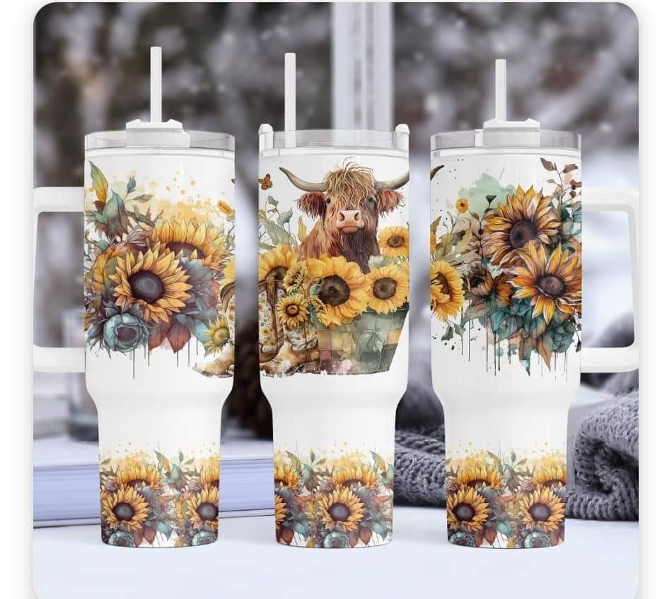 Highland Cow with Sunflowers 40 oz Stainless Steel Tumbler - roughramblings